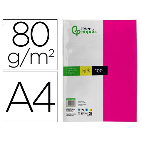 Papel color liderpapel a4 80gr fucsia paquete de 100 hojas