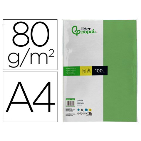 Papel color liderpapel a4 80gr verde paquete de 100 hojas