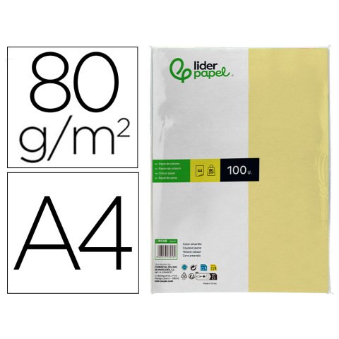 Papel color liderpapel a4 80gr amarillo paquete de 100 hojas