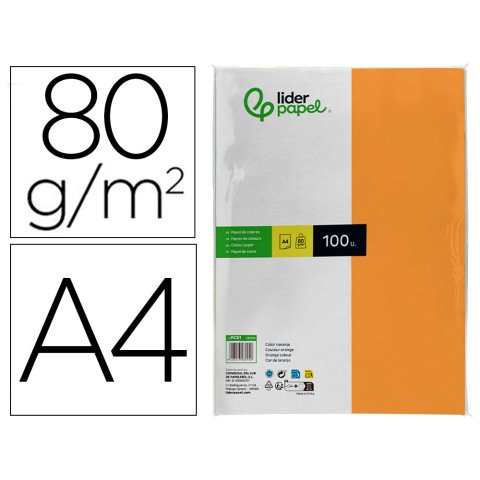 Papel color liderpapel a4 80gr naranja paquete de 100 hojas