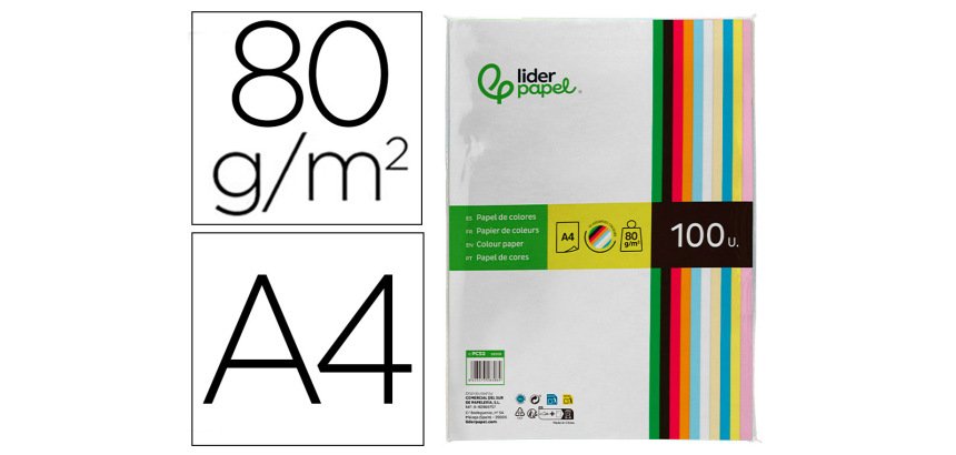 Papel color liderpapel a4 80gr 10 colores surtidos paquete de 100 hojas