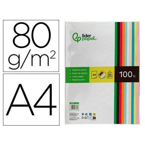 Papel color liderpapel a4 80gr 10 colores surtidos paquete de 100 hojas