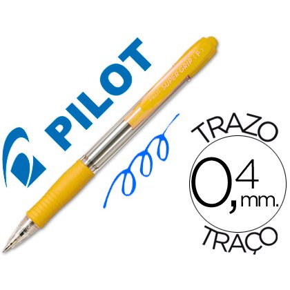 Boligrafo pilot super grip amarillo retractil sujecion de caucho tinta base de aceite