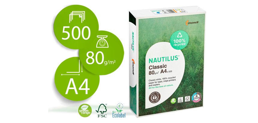 Papel fotocopiadora nautilus din a4 80 gramos paquete de 500 hojas 100% reciclado