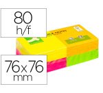 Bloc de notas adhesivas quita y pon q-connect 76x76 mm con 80 hojas fluorescentes pack de 12 surtidas en 4 colores