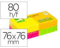 Bloc de notas adhesivas quita y pon q-connect 76x76 mm con 80 hojas fluorescentes pack de 12 surtidas en 4 colores