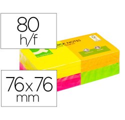 Bloc de notas adhesivas quita y pon q-connect 76x76 mm con 80 hojas fluorescentes pack de 12 surtidas en 4 colores