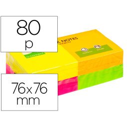 Bloc de notas adhesivas quita y pon q-connect 76x76 mm con 80 hojas fluorescentes pack de 12 surtidas en 4 colores