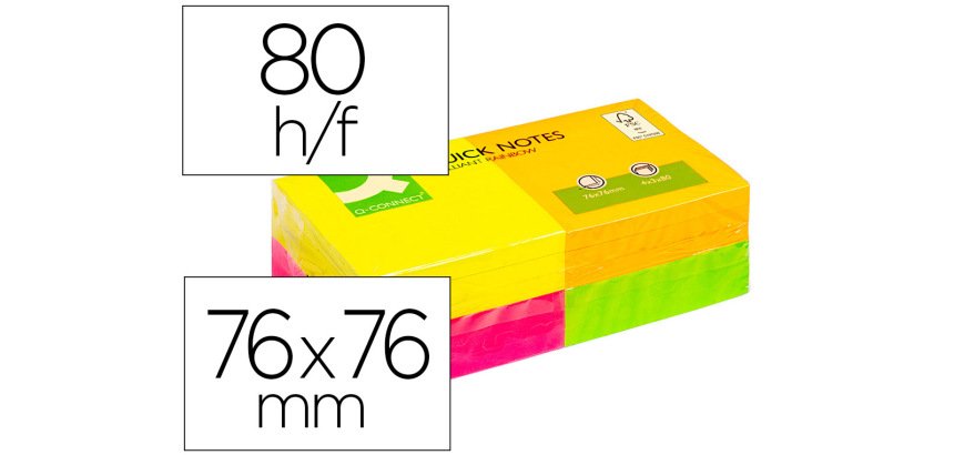 Bloc de notas adhesivas quita y pon q-connect 76x76 mm con 80 hojas fluorescentes pack de 12 surtidas en 4 colores