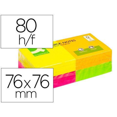 Bloc de notas adhesivas quita y pon q-connect 76x76 mm con 80 hojas fluorescentes pack de 12 surtidas en 4 colores