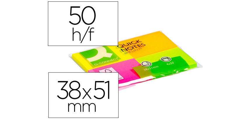Bloc de notas adhesivas quita y pon q-connect 38x51 mm con 50 hojas fluorescentes pack de 4 unidades