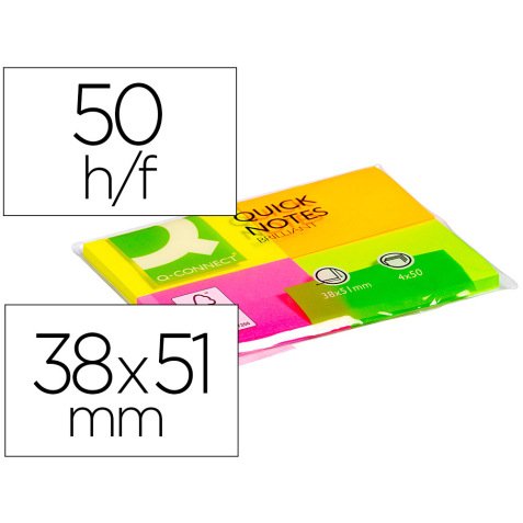 Bloc de notas adhesivas quita y pon q-connect 38x51 mm con 50 hojas fluorescentes pack de 4 unidades