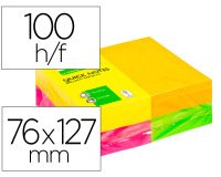 Bloc de notas adhesivas quita y pon Q-connect 127x76 mm 100 hojas fluorescentes - pack de 12 surtidas en 4 colores