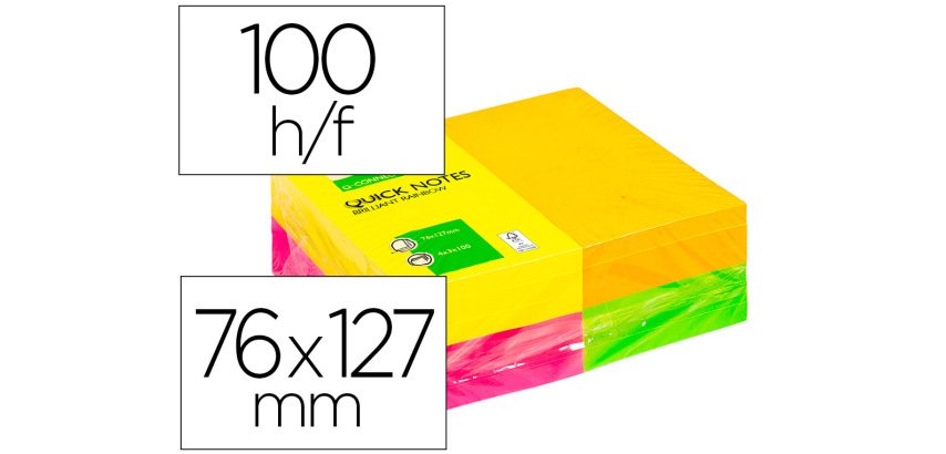 Bloc de notas adhesivas quita y pon Q-connect 127x76 mm 100 hojas fluorescentes - pack de 12 surtidas en 4 colores
