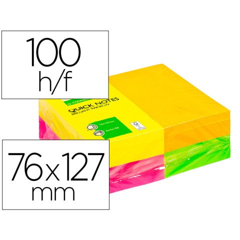 Bloc de notas adhesivas quita y pon Q-connect 127x76 mm 100 hojas fluorescentes - pack de 12 surtidas en 4 colores