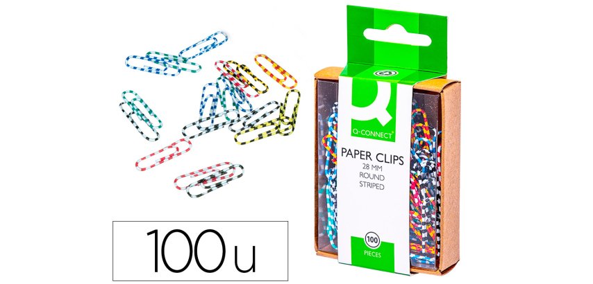 Clips colores rayados q-connect 28 mm caja de 100 unidades colores surtidos