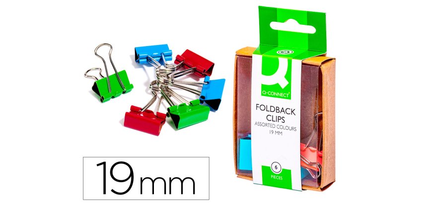 Pinza metalica q-connect reversible 19 mm caja de 6 unidades colores surtidos