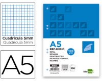 Recambio liderpapel a5 100 h 100g/m2 cuadro 5mm con margen 6 taladros