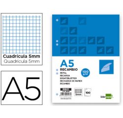 Recambio liderpapel a5 100 h 100g/m2 cuadro 5mm con margen 6 taladros