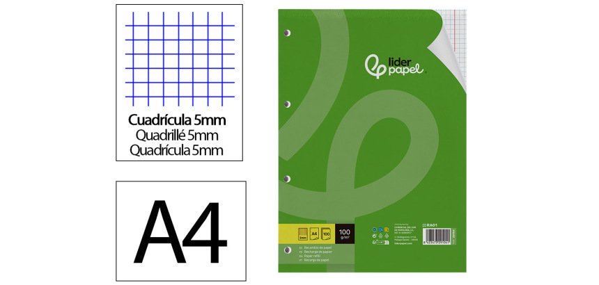 Recambio liderpapel A4 100 hojas 100g/m2 cuadro 5mm con margen 4 taladros