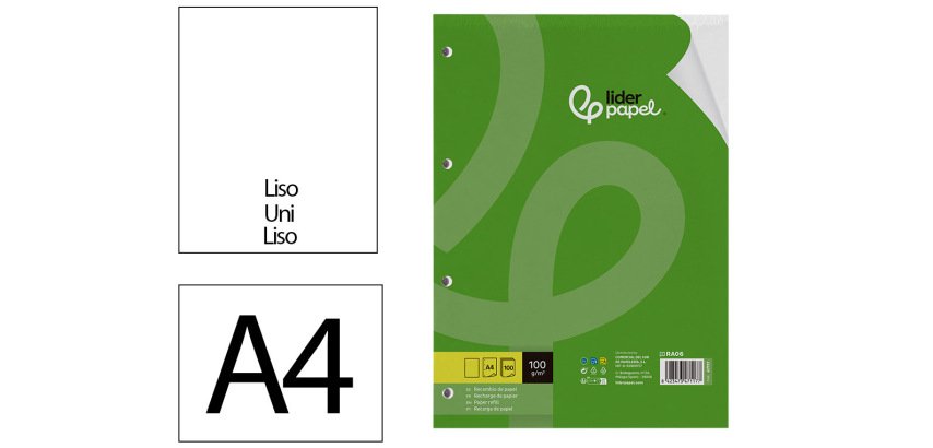 Recambio liderpapel a4 100 hojas 100gr liso 4 taladros doble margen