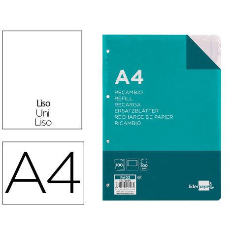 Recambio liderpapel a4 100 hojas 100g/m2 liso 4 taladros doble margen