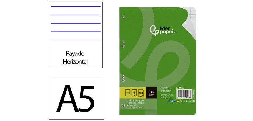 Recambio liderpapel A5 100 h 100g horizontal con margen 6 taladros