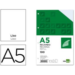 Recambio liderpapel a5 100h 100g/m2 liso doble margen 6 taladros