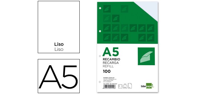 Recambio liderpapel a5 100h 100gr liso doble margen 6 taladros
