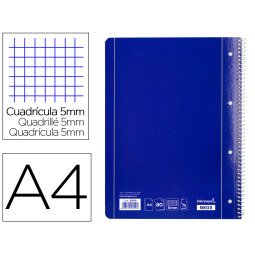 Cuaderno espiral liderpapel a4 micro serie azul tapa blanda 80h 75 gr cuadro 5mm con margen 4 taladros azul