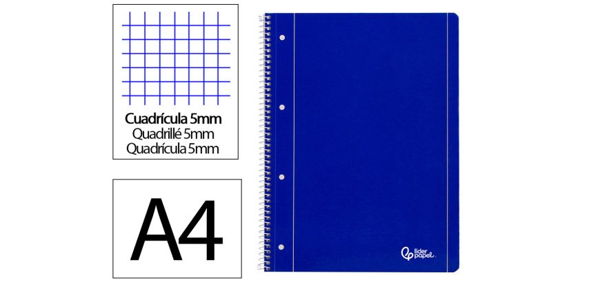 Cuaderno espiral liderpapel a4 micro serie azul tapa blanda 80h 75gr cuadro 5mm con mar gen 4 taladros azul