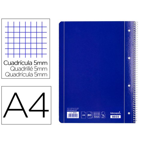 Cuaderno espiral liderpapel a4 micro serie azul tapa blanda 80h 75 gr cuadro 5mm con margen 4 taladros azul