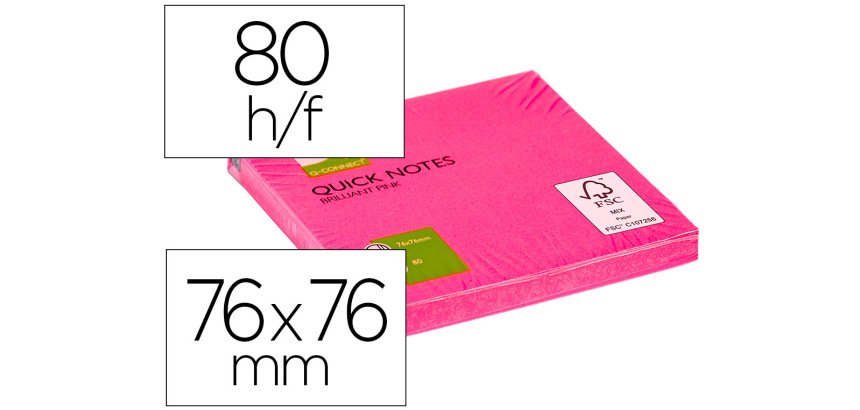 Bloc de notas adhesivas quita y pon q-connect 76x76 mm rosa neon 80 hojas