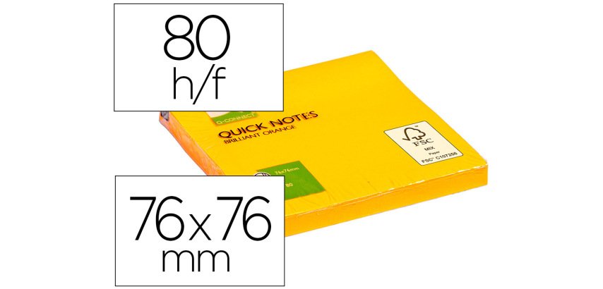 Bloc de notas adhesivas quita y pon q-connect 76x76 mm naranja neon 80 hojas