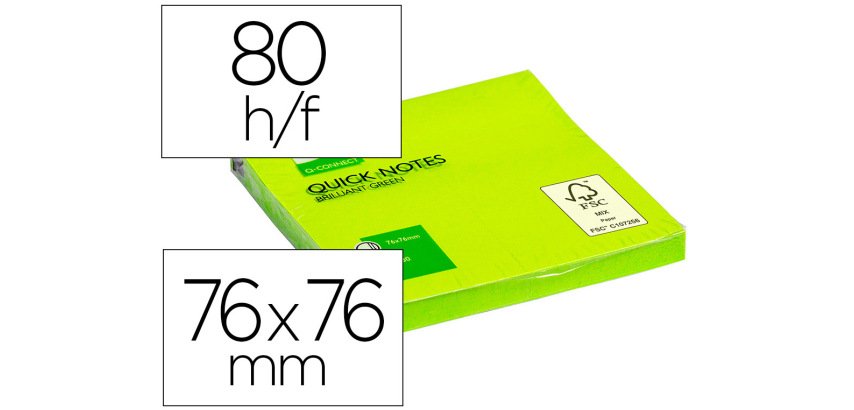 Bloc de notas adhesivas quita y pon q-connect 76x76 mm verde neon 80 hojas