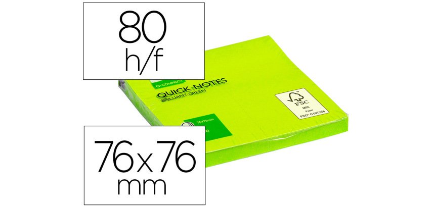 Bloc de notas adhesivas quita y pon q-connect 76x76 mm verde neon 80 hojas