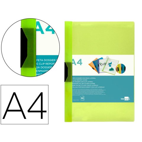 Carpeta liderpapel dossier A4 30 hojas pinza lateral de plástico deslizante polipropileno 45303 verde claro