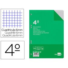 Recambio liderpapel 4º / A5+ 100 hojas 60g/m2 cuadro 6mm con margen 6 taladros