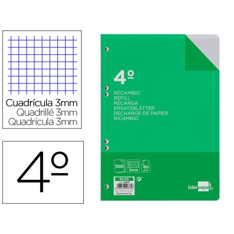 Recambio liderpapel 4º / A5+ 100 hojas 60g/m2 cuadro 3mm con margen 6 taladros