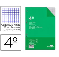 Recambio liderpapel 4º / A5+ 100 hojas 60g/m2 cuadro 4mm con margen 6 taladros