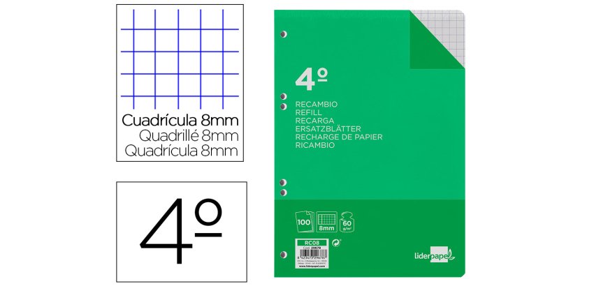Recambio liderpapel 4º / A5+ 100 hojas 60g cuadro 8mm con margen 6 taladros