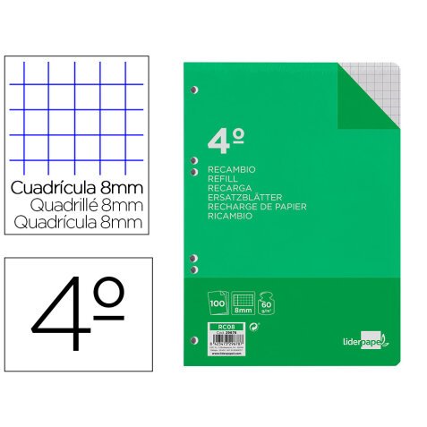 Recambio liderpapel 4º / A5+ 100 hojas 60g cuadro 8mm con margen 6 taladros