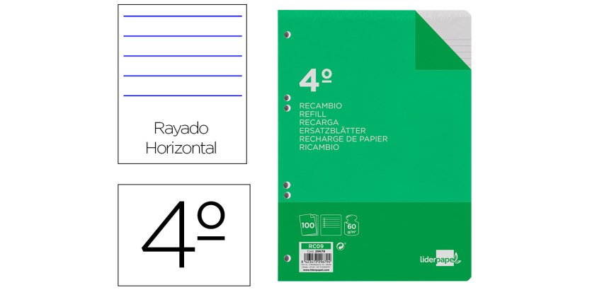 Recambio liderpapel 4º / A5+ 100 hojas 60g/m2 rayas horizontal con margen 6 taladros