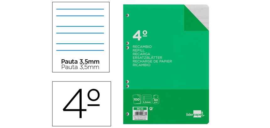 Recambio liderpapel 4º / A5+ 100 hojas 60g pauta 4ª 3,5mm con margen 6 taladros