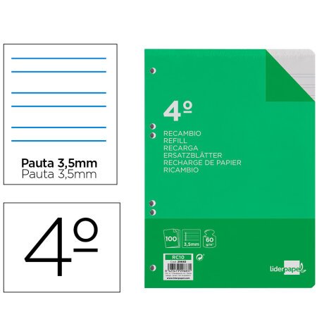 Recambio liderpapel 4º / A5+ 100 hojas 60g pauta 4ª 3,5mm con margen 6 taladros