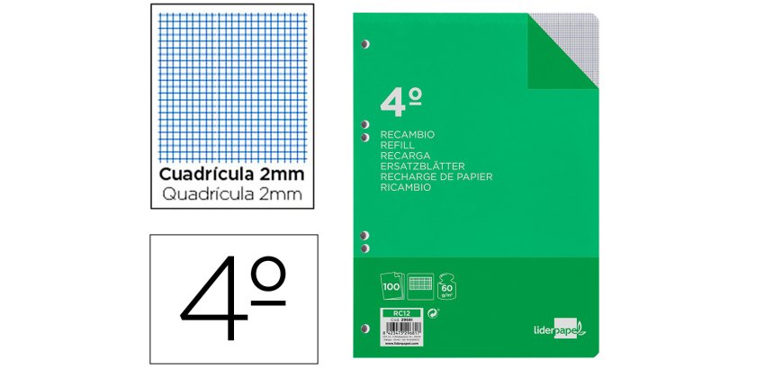 Recambio liderpapel 4º / A5+ 100 hojas 60g/m2 milimetrado sin margen 6 taladros