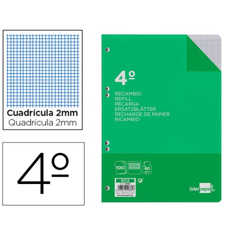 Recambio liderpapel 4º / A5+ 100 hojas 60g/m2 milimetrado sin margen 6 taladros