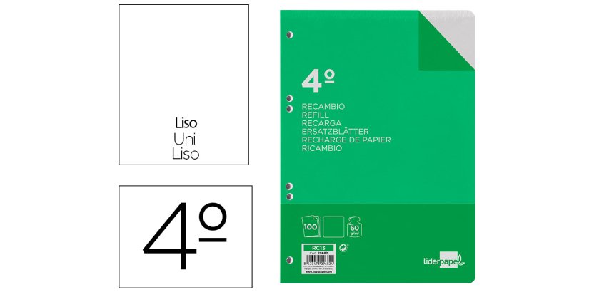 Recambio liderpapel 4º / A5+ 100 hojas 60g/m2 liso sin margen 6 taladros