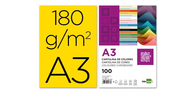 Cartulina liderpapel a3 180g/m2 amarillo paquete de 100 hojas
