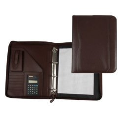Carpeta portafolios q-connect cremallera 4 anillas 20 mm concalculadora con bolsa para movil color marron 260x355 mm